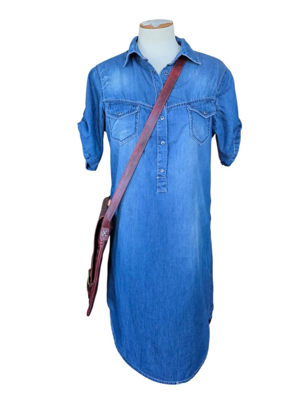 Cristina Bucheli Chambray Denim Shirt Dress Roll Tab Sleeves Womens Medium